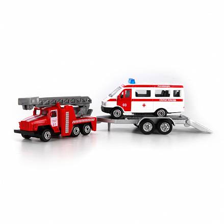 Набор из 2-х металлических моделей Пожарная техника с аксессуарами, 7,5 см  